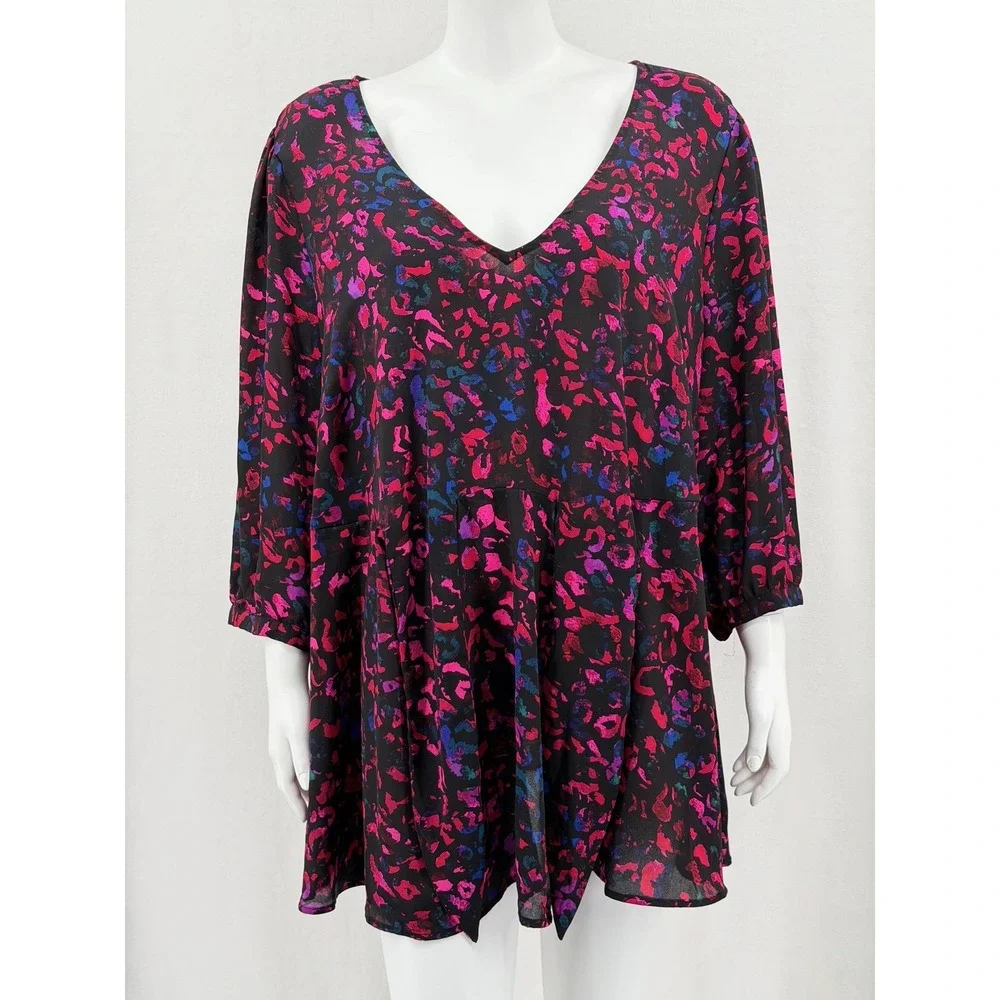 Torrid Top Womens 4X Pink Black Leopard V-Neck Sheer Abstract Artsy Romantic‎